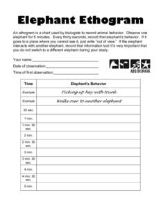 Elephant Ethogram An ethogram is a chart used by biologists to record animal behavior. Observe one elephant for 5 minutes. Every thirty seconds, record that elephant’s behavior. If it goes to a place where you cannot s