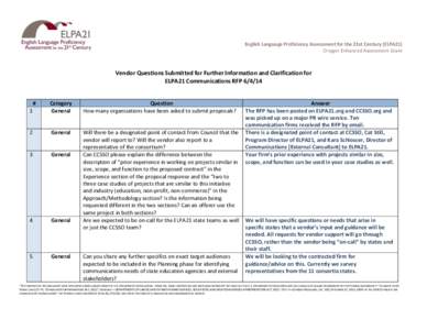 English Language Proficiency Assessment for the 21st Century (ELPA21) Oregon Enhanced Assessment Grant Vendor Questions Submitted for Further Information and Clarification for ELPA21 Communications RFP[removed] #