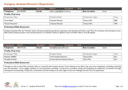 Category: Assistant Director’s Department First Name: Telephone: Angela