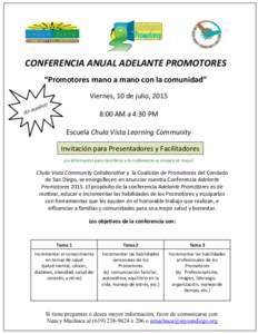 CONFERENCIA	
  ANUAL	
  ADELANTE	
  PROMOTORES	
   “Promotores	
  mano	
  a	
  mano	
  con	
  la	
  comunidad”	
   añ  esp 	
  ¡En