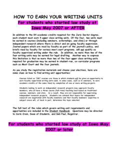 HOW TO EARN YOUR WRITING UNITS For students who started law study at Iowa May 2007 or AFTER In addition to the 84 academic credits required for the Juris Doctor degree, each student must earn 4 upper class writing units.