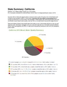 State Summary: California Ranked 11th in Beach Water Quality (out of 30 states) 9% of samples exceeded the national Beach Action Value for designated beach areas in[removed]Summer 2014 is filled with opportunities to impro