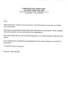 CORONADO EYE ASSOCIATES GLENN B. COOK, M.D., PhD 801 ORANGE AVENUE, STE[removed]CORONADO, CA[removed]4406 FAX[removed]