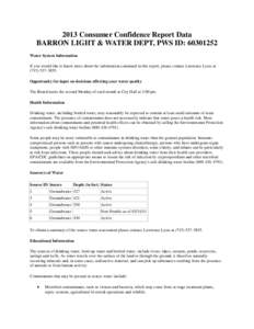 2013 Consumer Confidence Report Data BARRON LIGHT & WATER DEPT, PWS ID: [removed]Water System Information If you would like to know more about the information contained in this report, please contact Lawrence Lyste at (7