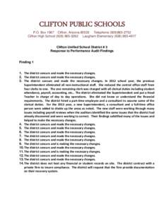 CLIFTON PUBLIC SCHOOLS P.O. Box 1567 Clifton, Arizona[removed]Telephone[removed]Clifton High School[removed]Laugharn Elementary[removed]Clifton Unified School District # 3 Response to Performance Audit 