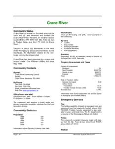 Crane River Community Status Crane River is located on the west shore at the north end of Lake Manitoba and borders the Crane River Indian Reserve. All-weather access is provided by PR #276 from Ste. Rose du Lac
