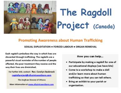 The Ragdoll Project (Canada) Promoting Awareness about Human Trafficking SEXUAL EXPLOITATION ● FORCED LABOUR ● ORGAN REMOVAL Each ragdoll symbolizes the way in which lives are discarded through trafficking. The ragdo