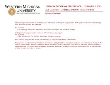Primary Program Preference • summer II 2007 All Campus • Undergraduate beginners by Ethnicity Within College This report provides counts of students by the 1st majors of their primary programs. All majors are reporte
