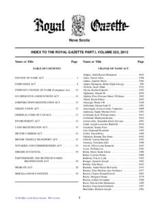 Nova Scotia INDEX TO THE ROYAL GAZETTE PART I, VOLUME 222, 2013 Name or Title Page