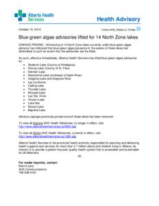 Blue-green algae advisories lifted for 14 North Zone lakes - October 10, 2012