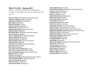 DEAN’S LIST—Spring 2012 An honor extended to those students who demonstrate excellence in scholarship with a semester GPA between 3.50 and 3.79 Amber Lyn Ahmann, Management Information System Courtney P. Albertson, B