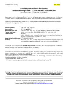 College of Lake County  April 2010 University of Wisconsin - Whitewater Transfer Planning Guide – TEACHER EDUCATION PROGRAM