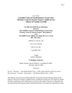 Page 1  Case Name: Canadian Corps of Commissionaires (Great Lakes Division), Lester B. Pearson Airport v. Public Service