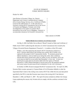 STATE OF VERMONT PUBLIC SERVICE BOARD Docket No[removed]Joint Petition of Swanton Village, Inc. Electric Department and Citizens Communications Company d/b/a Citizens Energy Services, for a Certificate of Public