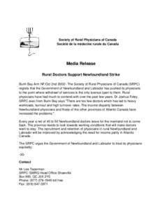    Society of Rural Physicians of Canada Société de la médecine rurale du Canada  Media Release