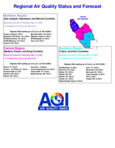 Regional Air Quality Status and Forecast Northern Region (San Joaquin, Stanislaus, and Merced Counties) Regional forecast for Monday, May 14, 2001 : is moderate for O3-8 at an AQI of 51 Highest AQI reading as of 3 p.m. o