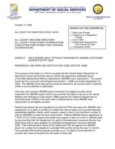 October 17, 2008 REASON FOR THIS TRANSMITTAL ALL COUNTY INFORMATION NOTICE I[removed]ALL COUNTY WELFARE DIRECTORS ALL COUNTY FOOD STAMP COORDINATORS