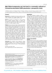 ARTICLES  Clinical progression and viral load in a community outbreak of coronavirus-associated SARS pneumonia: a prospective study J S M Peiris, C M Chu, V C C Cheng, K S Chan, I F N Hung, L L M Poon, K I Law, B S F Tan