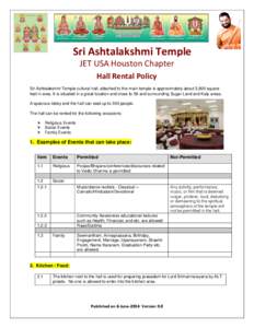 Sri Ashtalakshmi Temple JET USA Houston Chapter Hall Rental Policy Sri Ashtalakshmi Temple cultural hall, attached to the main temple is approximately about 3,600 square feet in area. It is situated in a great location a