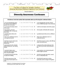 Tool Box of Ideas for Smaller Centres: Attracting, Welcoming & Retaining Immigrants to Your Community Resource Handout #7 Diversity Awareness Continuum Directions: Circle the number that represents where you fit along th