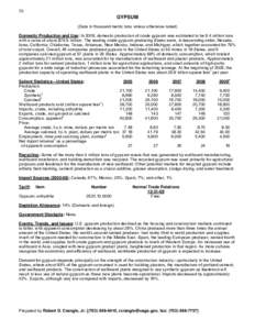 70  GYPSUM (Data in thousand metric tons unless otherwise noted) Domestic Production and Use: In 2009, domestic production of crude gypsum was estimated to be 9.4 million tons with a value of about $79.9 million. The lea