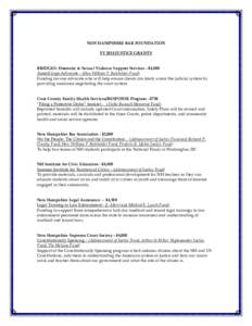 NEW HAMPSHIRE BAR FOUNDATION FY 2014 JUSTICE GRANTS BRIDGES: Domestic & Sexual Violence Support Services - $4,000 AmeriCorps Advocate – (Hon William F. Batchelder Fund) Funding for one advocate who will help ensure cli