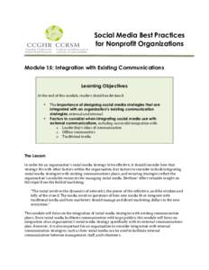    Social Media Best Practices for Nonprofit Organizations  Module 15: Integration with Existing Communications