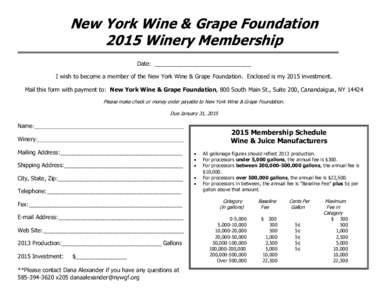 New York Wine & Grape Foundation 2015 Winery Membership Date: ______________________________ I wish to become a member of the New York Wine & Grape Foundation. Enclosed is my 2015 investment. Mail this form with payment 