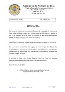 Associação de Atletismo de Beja (Filiada na Federação Portuguesa de Atletismo) Rua Pablo Neruda, Nº.1-A[removed]BEJA Tel/Fax: [removed]