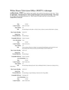 White House Television Office (WHTV) videotape collection, 1983 Please indicate tape number, date and brief description on order form. Times are approximate. “Personal reference” refers to people that appear in all o