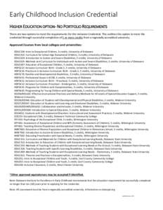 Early Childhood Inclusion Credential HIGHER EDUCATION OPTION- NO PORTFOLIO REQUIREMENTS There are two options to meet the requirements for the Inclusion Credential. This outlines the option to meet the credential through