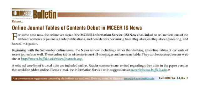 Return...  Online Journal Tables of Contents Debut in MCEER IS News F