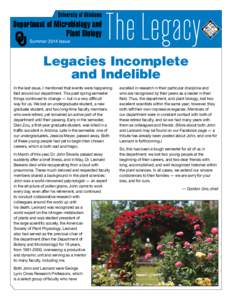 Department of Microbiology and Plant Biology Summer 2014 Issue Legacies Incomplete and Indelible