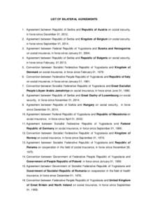 LIST OF BILATERAL AGREEMENTS  1. Agreement between Republic of Serbia and Republic of Austria on social security, in force since December 01, 2012; 2. Agreement between Republic of Serbia and Kingdom of Belgium on social