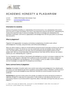 ACADEMIC HONESTY & PLAGIARISM AUTHOR CMBE/CPMS Student Administration Team  CONTACT