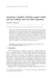 The Kyoto Economic Review 78(1): [removed]June[removed]Samuelson’ s Implicit Criticism against Sraffa and the Sraffians and Two Other Questions †