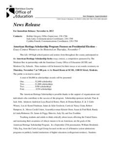 News Release For Immediate Release: November 6, 2013 Contacts: Bobbie Gregory, Office Supervisor, [removed]Judy Leitz, Communications Coordinator, [removed]