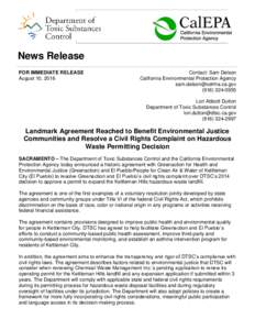 Landmark Agreement Reached to Benefit Environmental Justice Communities and Resolve a Civil Rights Complaint on Hazardous Waste Permitting Decision