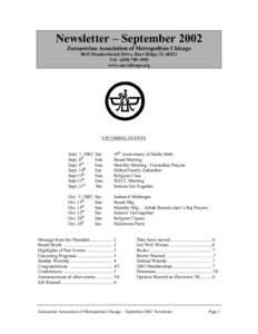 Newsletter – September 2002 Zoroastrian Association of Metropolitan Chicago 8615 Meadowbrook Drive, Burr Ridge, ILTel: (www.zac-chicago.org