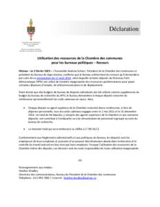 Déclaration  Utilisation des ressources de la Chambre des communes pour les bureaux politiques – Recours Ottawa – Le 3 février 2015 – L’honorable Andrew Scheer, Président de la Chambre des communes et préside