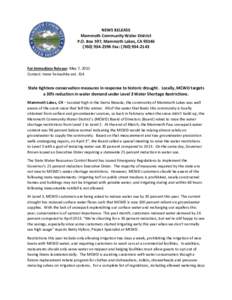 NEWS RELEASE Mammoth Community Water District P.O. Box 597, Mammoth Lakes, CA2596 Fax: (For Immediate Release: May 7, 2015