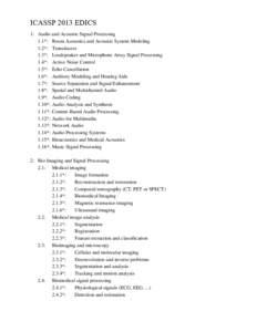 ICASSP 2013 EDICS 1: Audio and Acoustic Signal Processing 1.1*: Room Acoustics and Acoustic System Modeling 1.2*: Transducers 1.3*: Loudspeaker and Microphone Array Signal Processing 1.4*: Active Noise Control