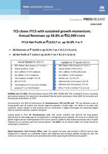 Indian GAAP  TCS closes FY13 with sustained growth momentum;