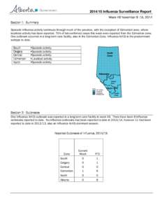 [removed]Influenza Surveillance Report Week 46 November 9 -15, 2014 Section 1: Summary Sporadic influenza activity continues through much of the province, with the exception of Edmonton zone, where localized activity has 