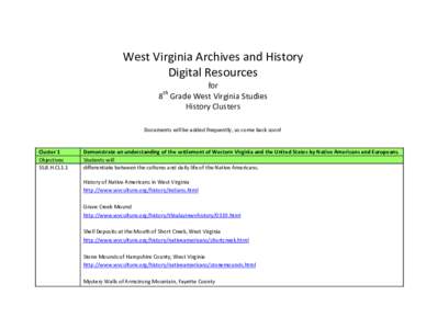 West Virginia Archives and History Digital Resources for 8 Grade West Virginia Studies History Clusters th