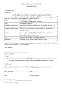 Cheung Chau Sacred Heart School Notice (E14[removed]November, 2014 Dear Parents, Hong Kong Schools Speech Festival (English Choral Speaking) (E14[removed])