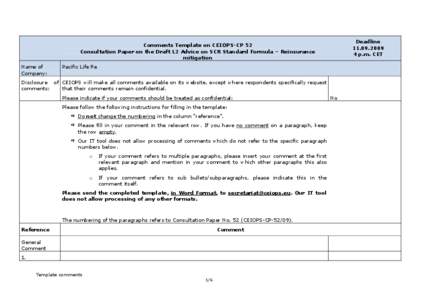 Deadline[removed]p.m. CET Comments Template on CEIOPS-CP 52 Consultation Paper on the Draft L2 Advice on SCR Standard Formula – Reinsurance