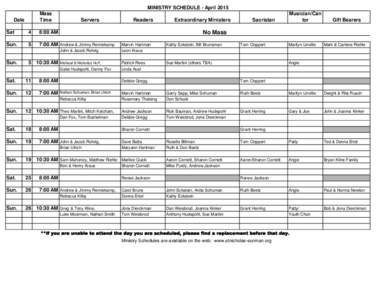MINISTRY SCHEDULE - April 2015 Mass Time Date
