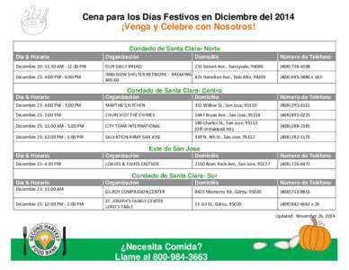 Cena para los Días Festivos en Diciembre del 2014 ¡Venga y Celebre con Nosotros! Condado de Santa Clara- Norte Día & Horario  Organización