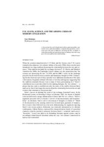 Hist. Sci., xliii[removed]F. R. LEAVIS, SCIENCE, AND THE ABIDING CRISIS OF MODERN CIVILIZATION Guy Ortolano Washington University in St Louis